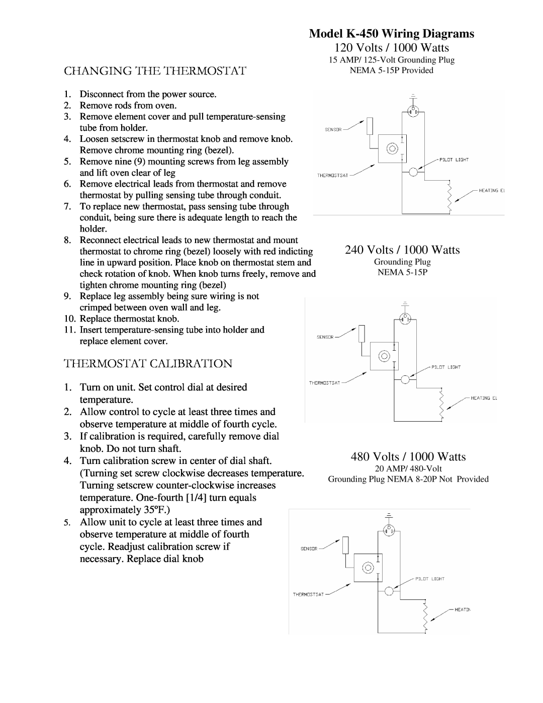 Henkel manual Model K-450Wiring Diagrams, Volts / 1000 Watts, Changing The Thermostat, Thermostat Calibration 