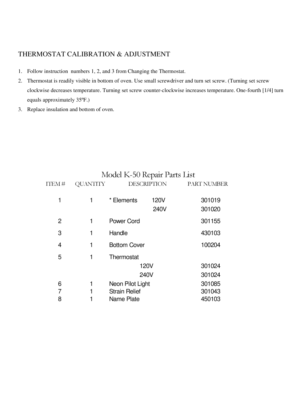 Henkel manual Model K-50 Repair Parts List, Thermostat Calibration & Adjustment 