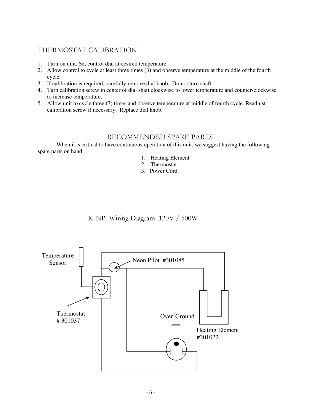 Henkel K-NP manual Thermostat Calibration, Recommended Spare Parts, NP Wiring Diagram 120V / 500W 