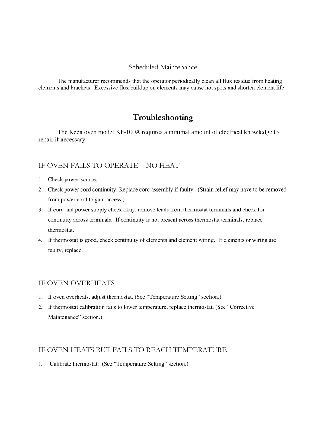 Henkel KF-100A manual Troubleshooting, Scheduled Maintenance, If Oven Fails to Operate no Heat, If Oven Overheats 