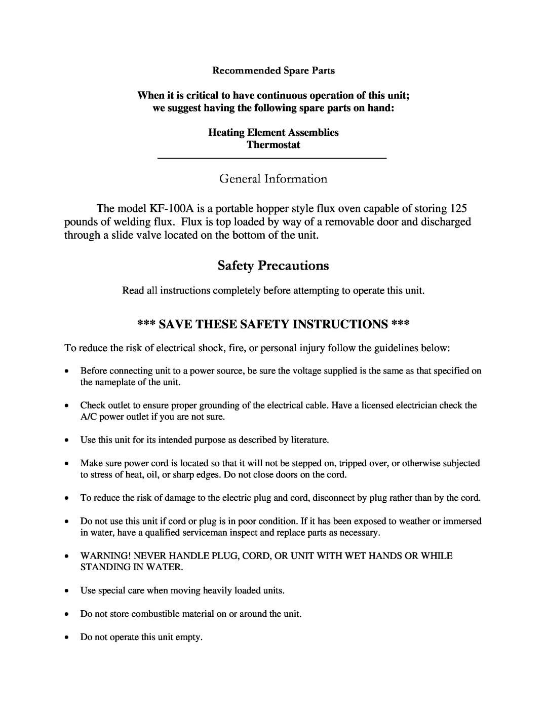Henkel KF-100A manual Safety Precautions, General Information, Save These Safety Instructions, Recommended Spare Parts 