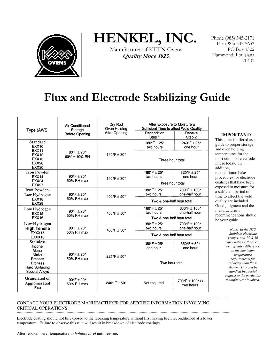 Henkel KF-100A Henkel, Inc, Flux and Electrode Stabilizing Guide, Manufacturer of KEEN Ovens, Quality Since, Standard 
