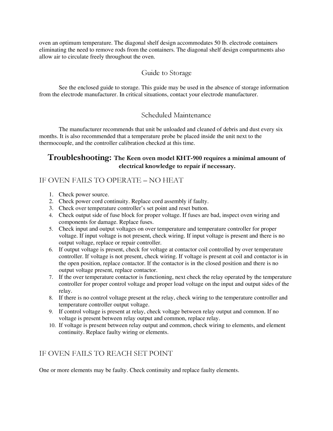 Henkel KHT-900 Guide to Storage, Scheduled Maintenance, If Oven Fails to Operate no Heat, If Oven Fails to Reach SET Point 