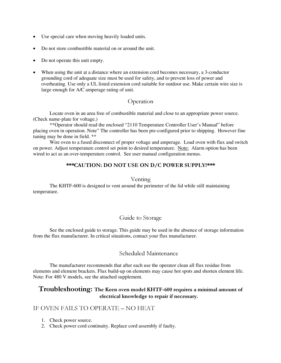 Henkel KHTF-600 manual Operation, Venting, Guide to Storage, Scheduled Maintenance, If Oven Fails to Operate no Heat 