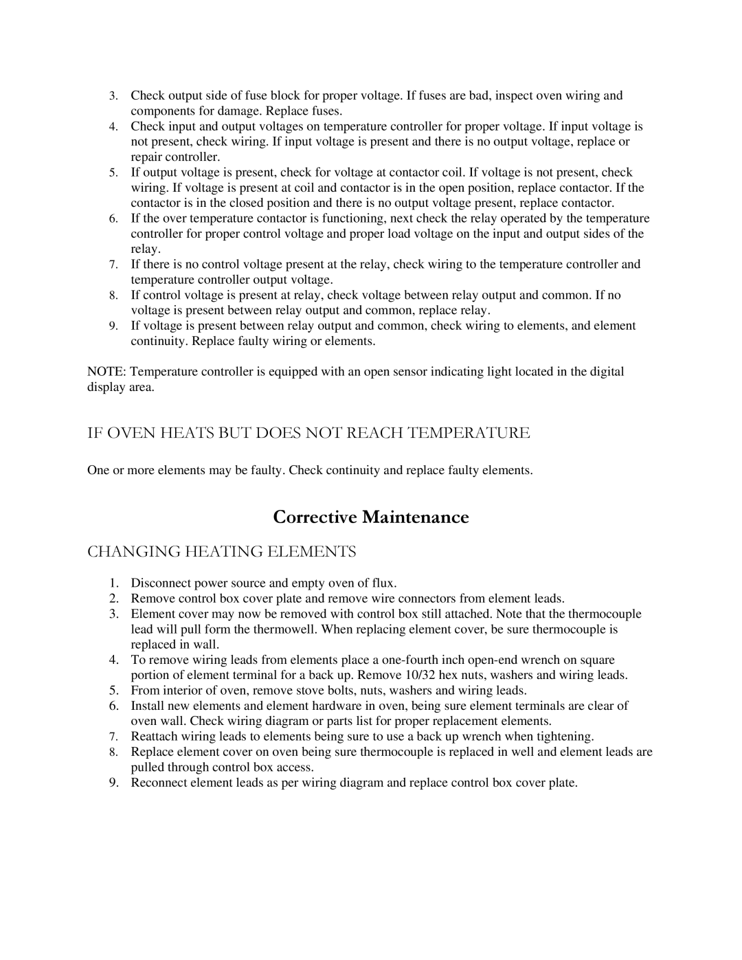 Henkel KHTF-600 manual Corrective Maintenance, If Oven Heats but does not Reach Temperature, Changing Heating Elements 