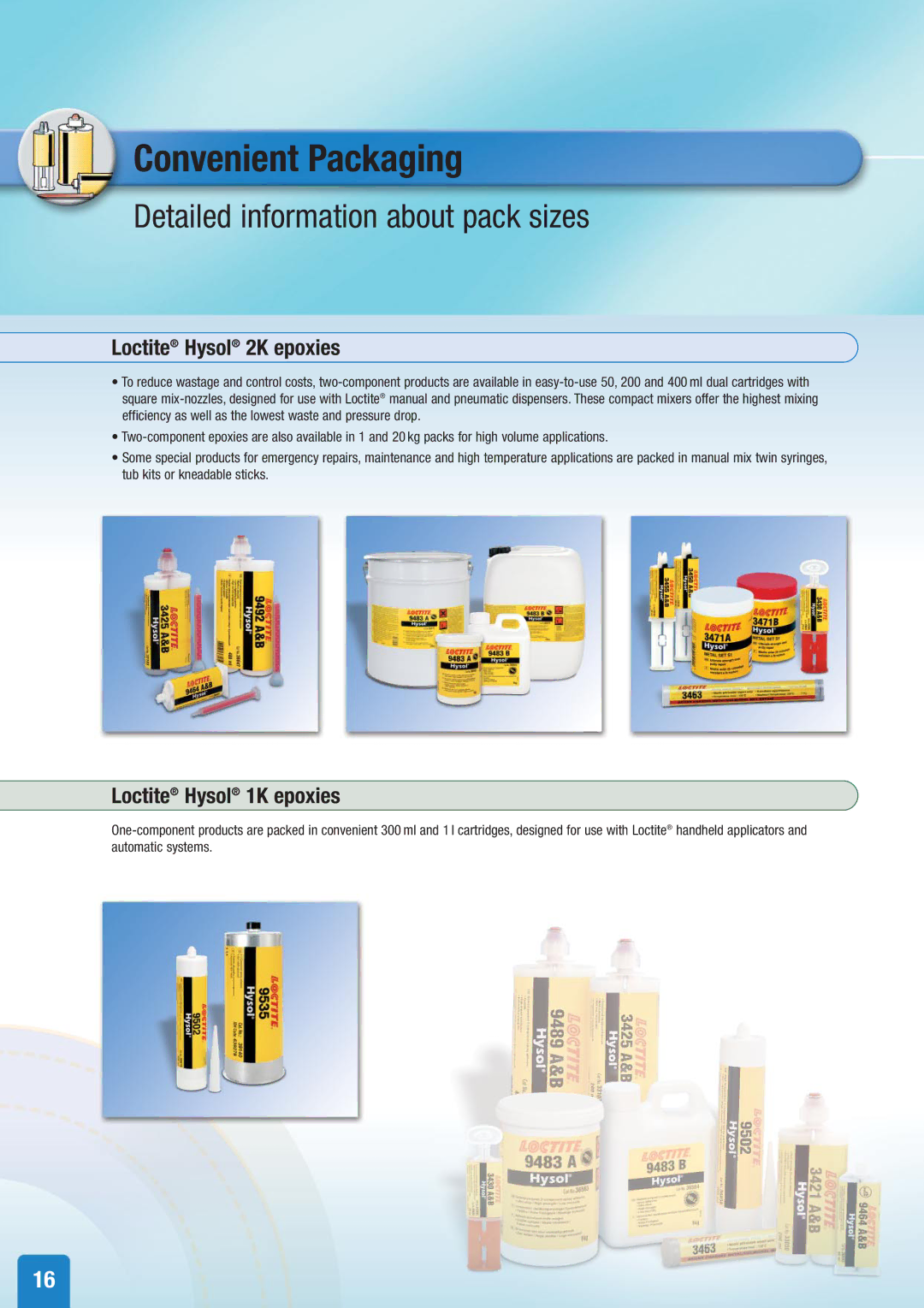 Henkel Structural Bonding Solutions Convenient Packaging, Detailed information about pack sizes, Loctite Hysol 2K epoxies 