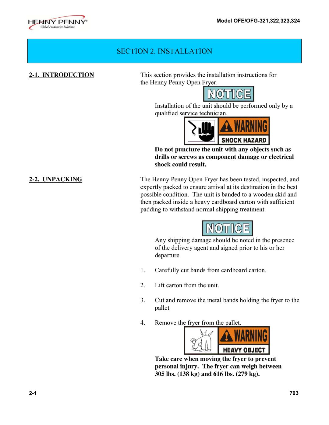 Henny Penny 322, 324, 323 installation instructions Introduction, Unpacking 