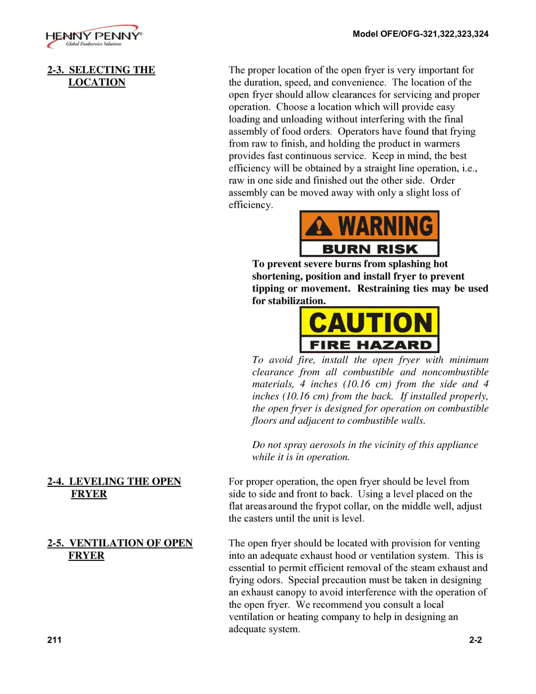 Henny Penny 323, 324, 322 installation instructions Selecting, Location 