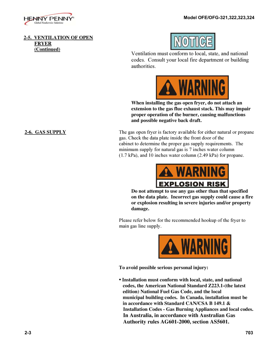 Henny Penny 324, 322, 323 installation instructions Ventilation of Open Fryer GAS Supply 