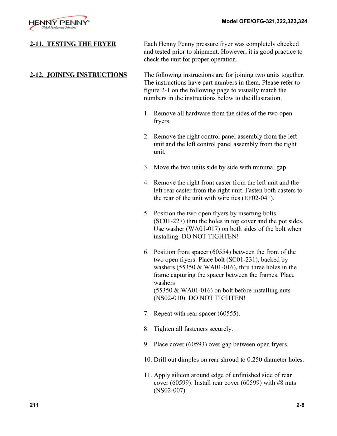 Henny Penny 323, 324, 322 installation instructions Testing the Fryer, Joining Instructions 