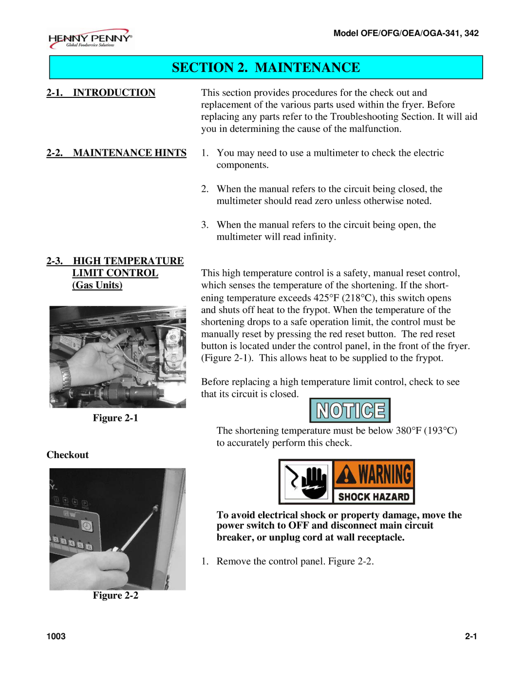 Henny Penny 342 manual Introduction, Maintenance Hints, High Temperature Limit Control, Gas Units 