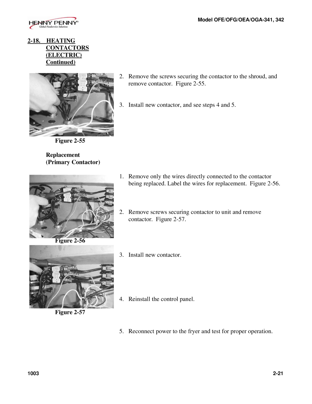 Henny Penny 342 manual Heating Contactors Electric, Replacement Primary Contactor 