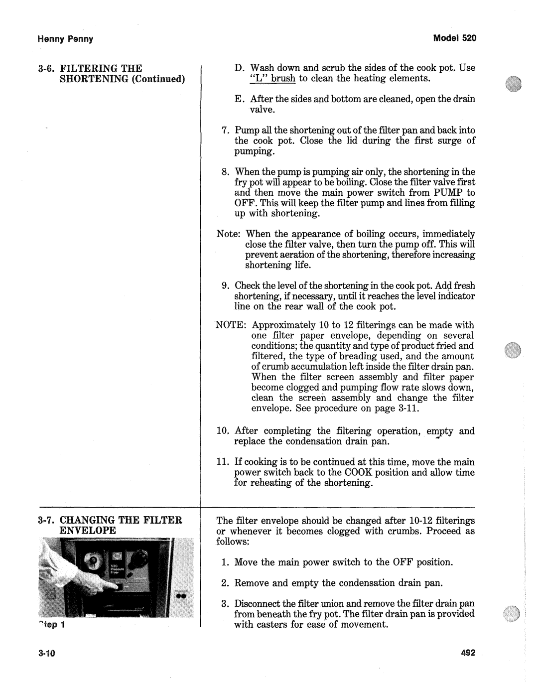 Henny Penny 520 manual Filtering 