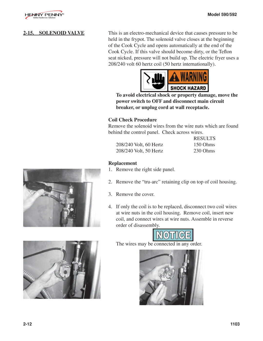 Henny Penny 590, 592 manual Solenoid Valve, Replacement 