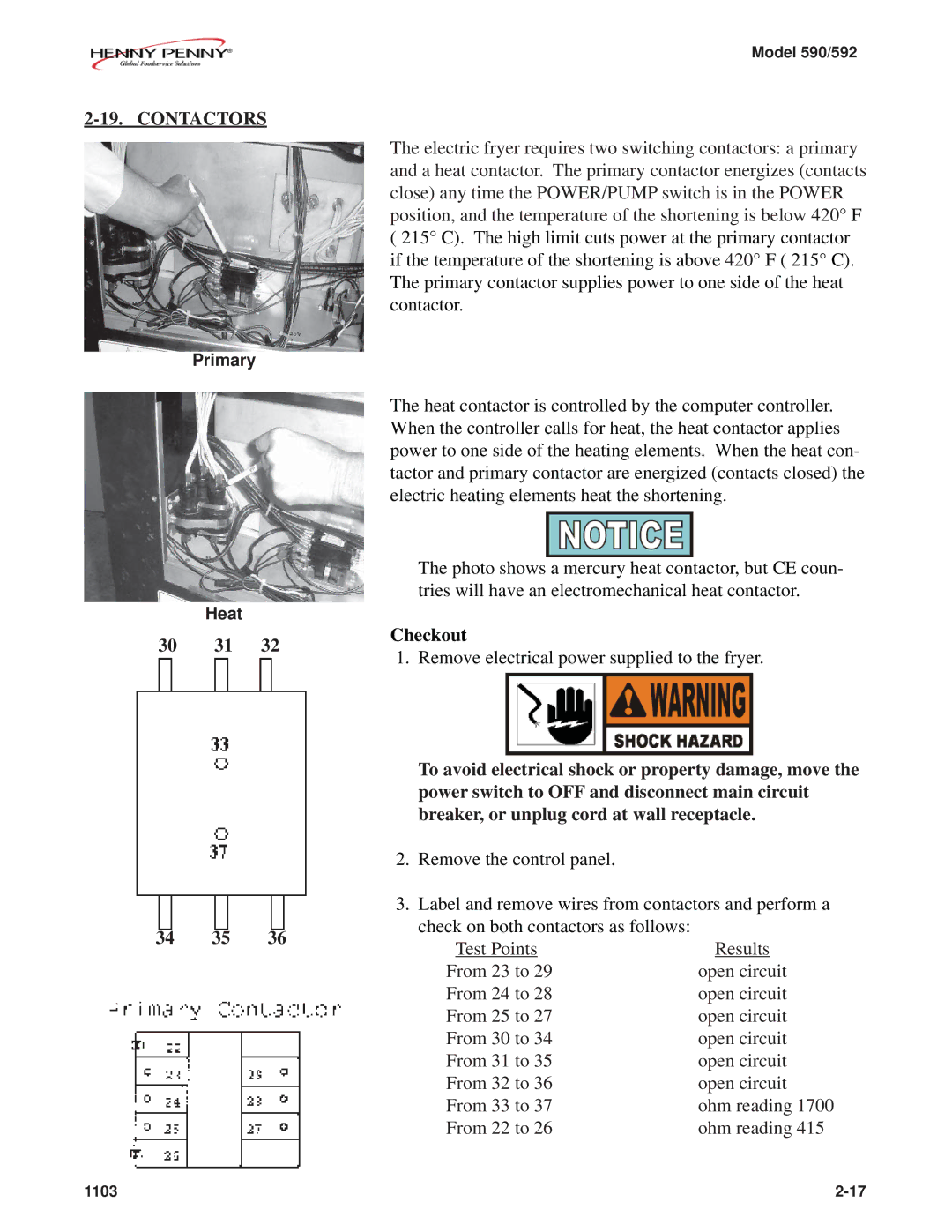 Henny Penny 592, 590 manual Contactors, 30 31 34 35 