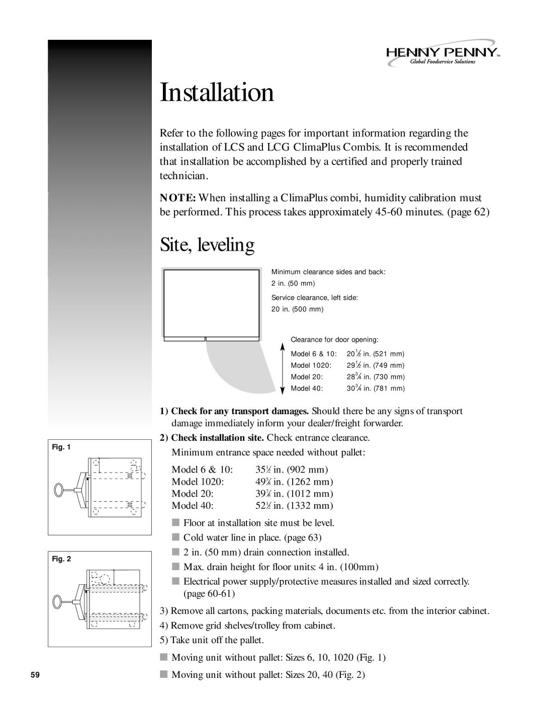 Henny Penny 6 manual Installation, Site, leveling 