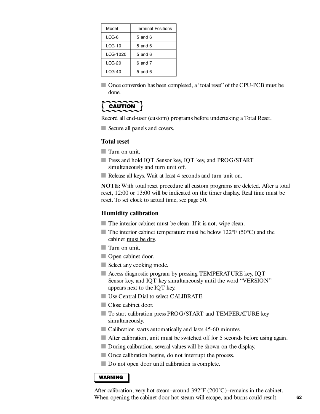 Henny Penny 6 manual Total reset, Humidity calibration 