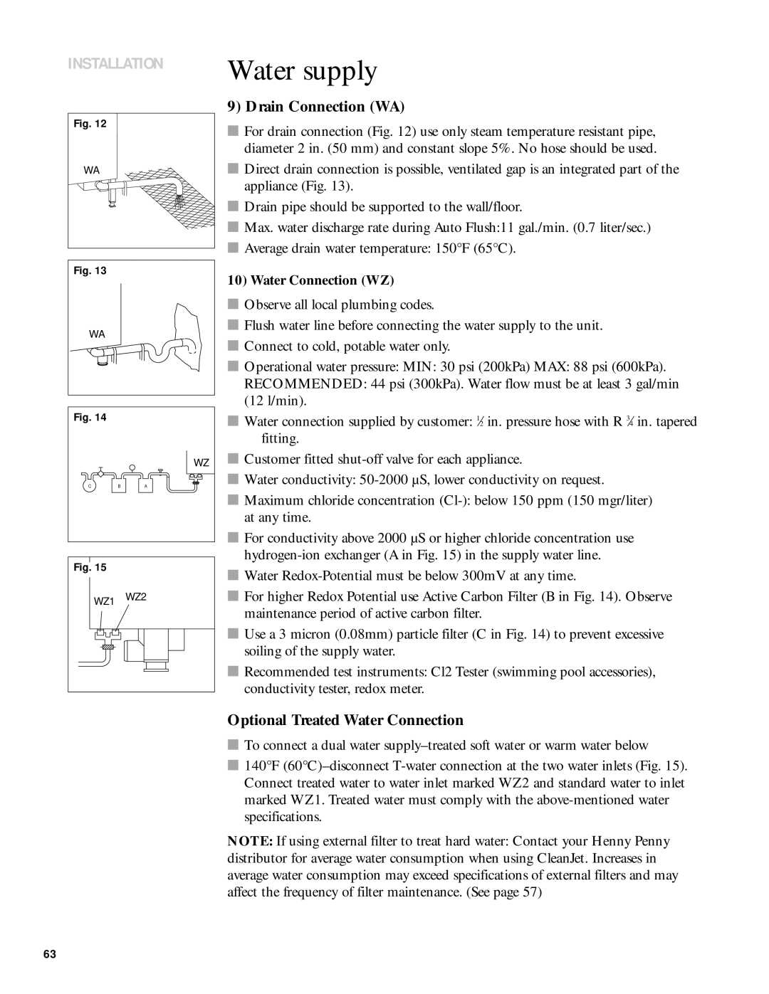 Henny Penny 6 manual Water supply, Drain Connection WA, Optional Treated Water Connection 