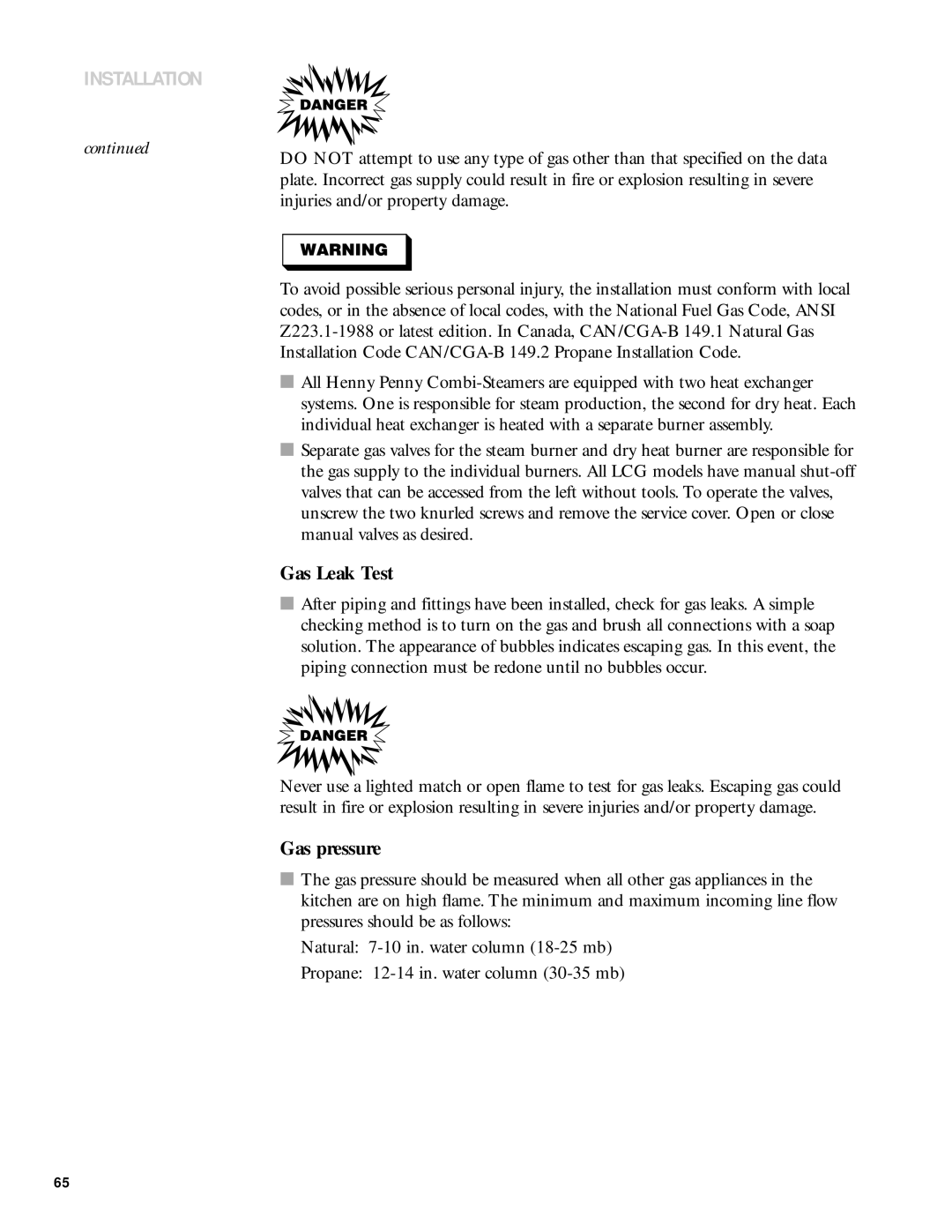 Henny Penny 6 manual Gas Leak Test, Gas pressure 