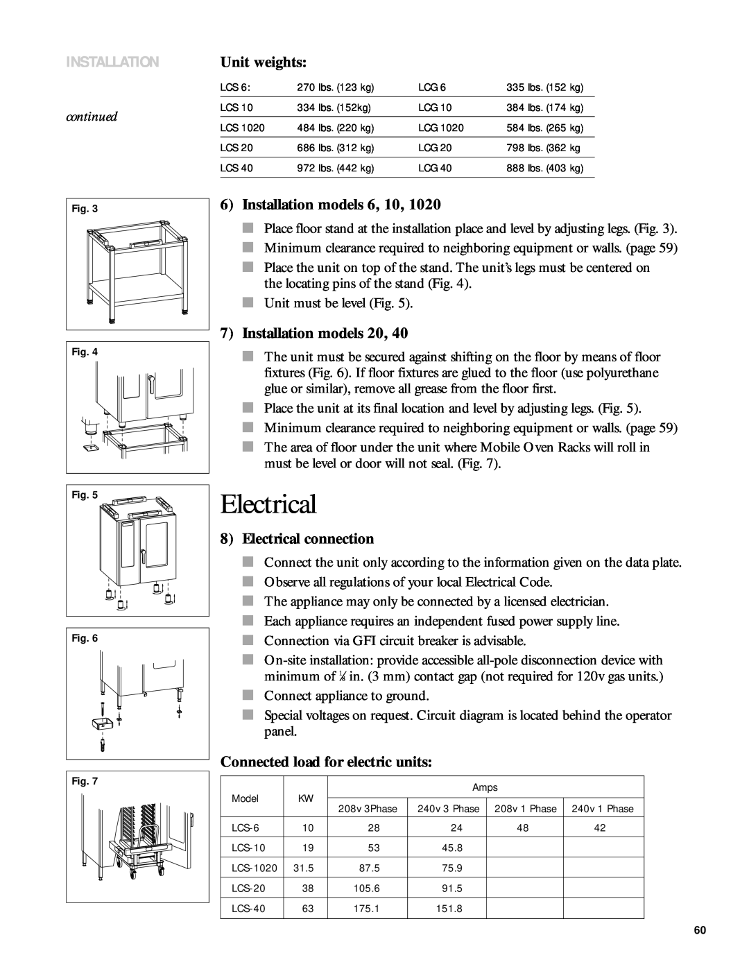 Henny Penny 6 manual Unit weights, Installation models, Electrical connection, Connected load for electric units 