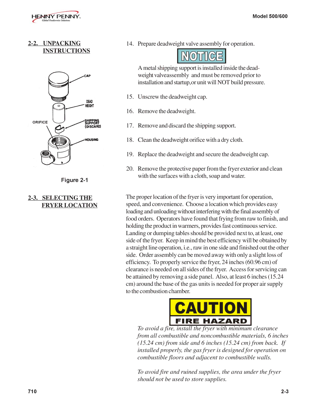 Henny Penny 500, 600 manual Unpacking Instructions, Selecting the Fryer Location 