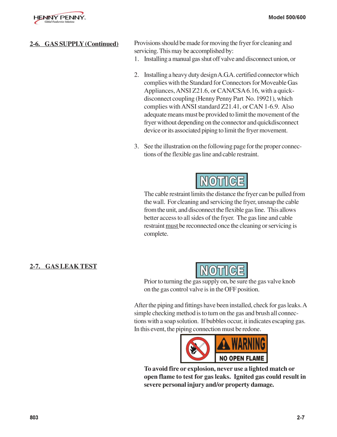 Henny Penny 500, 600 manual GAS Leak Test 