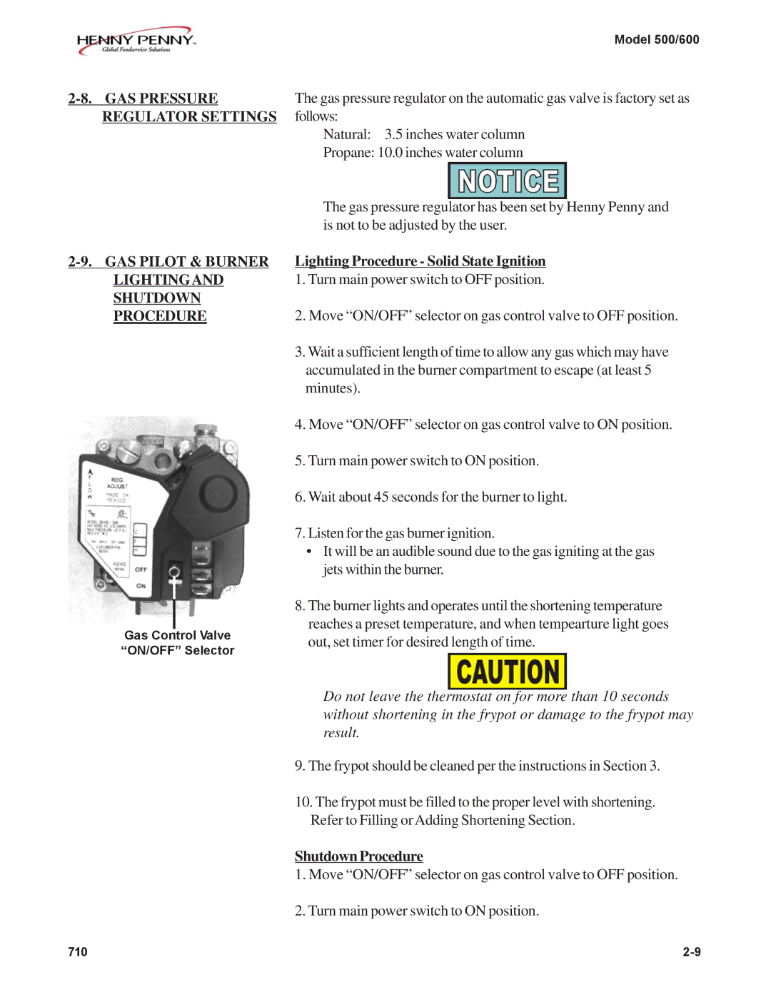 Henny Penny 500, 600 manual Lighting Procedure Solid State Ignition, Shutdown Procedure 