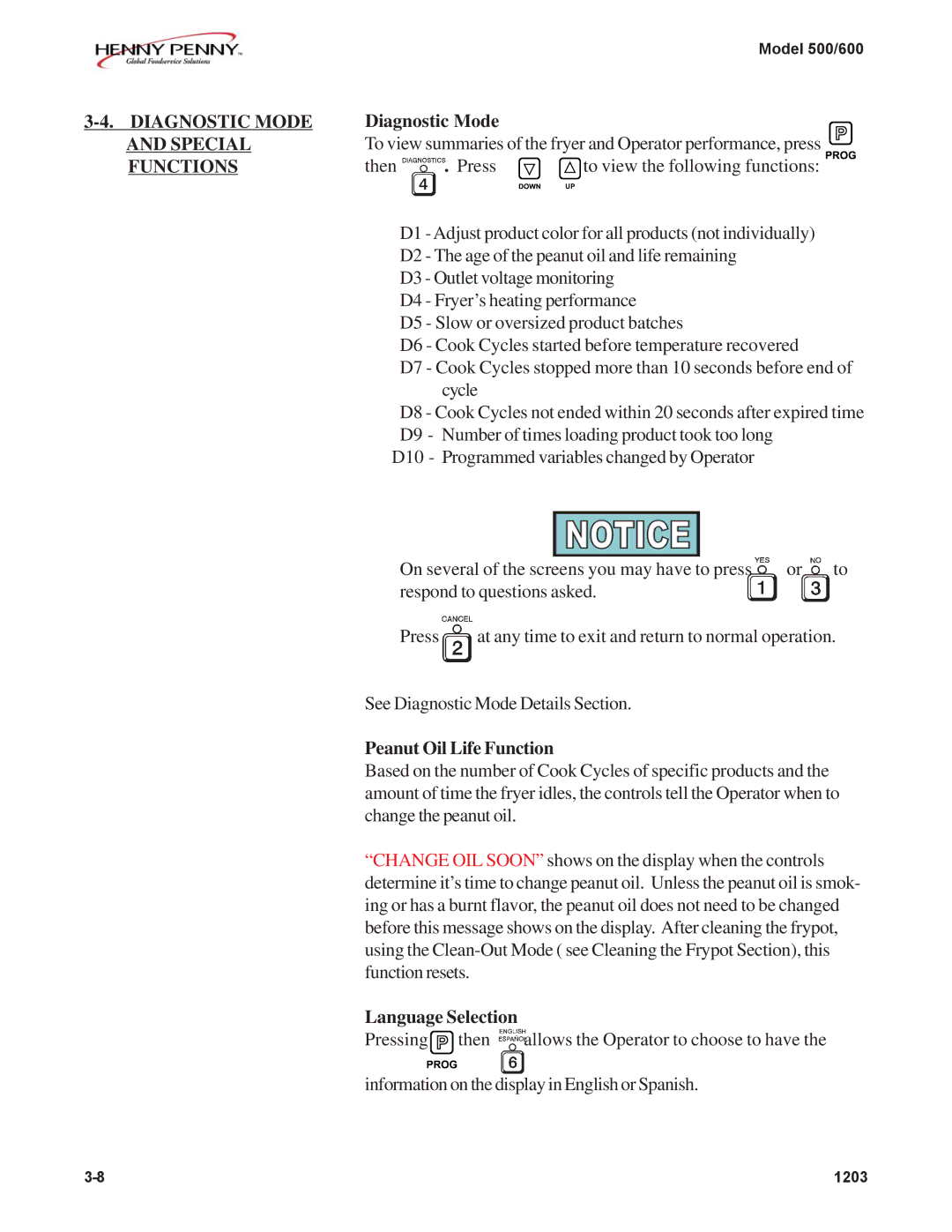 Henny Penny 600, 500 manual Diagnostic Mode Special Functions, Peanut Oil Life Function, Language Selection 