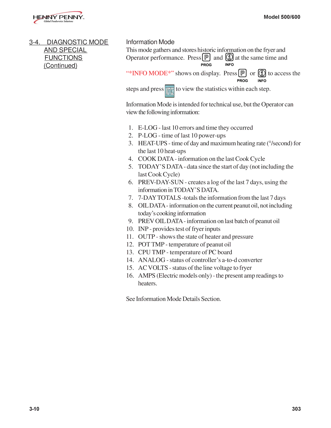 Henny Penny 600, 500 manual Functions, Information Mode 