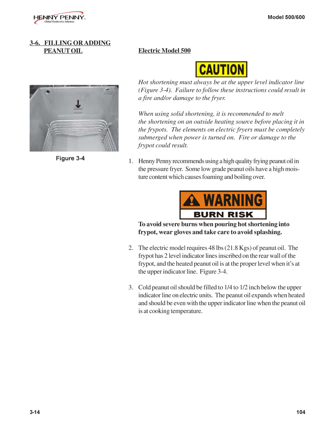 Henny Penny 600, 500 manual Filling or Adding Peanut OIL, Electric Model 
