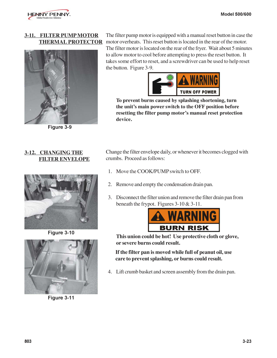 Henny Penny 500, 600 manual Filter Pump Motor Thermal Protector, Changing the Filter Envelope 