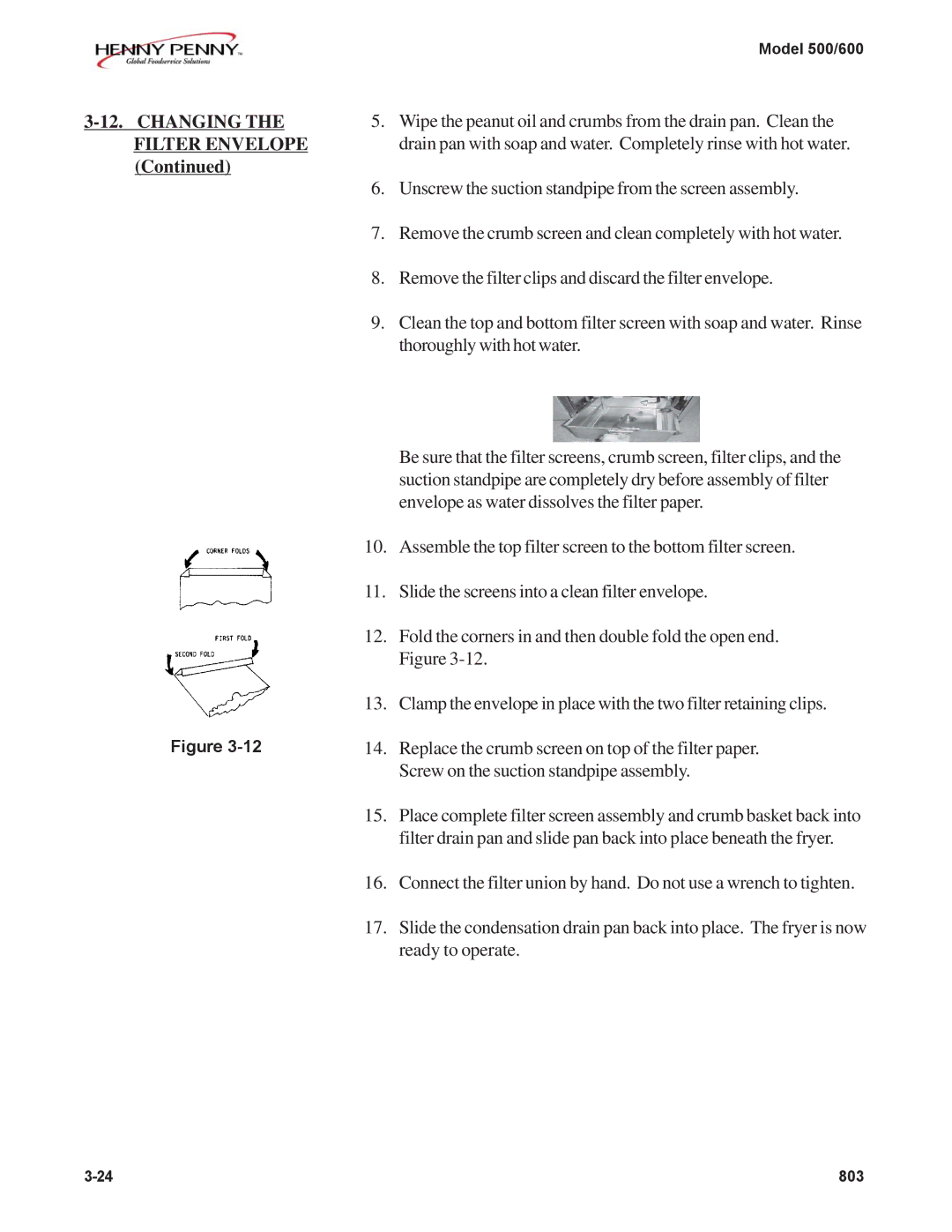 Henny Penny 600, 500 manual Changing the Filter Envelope 