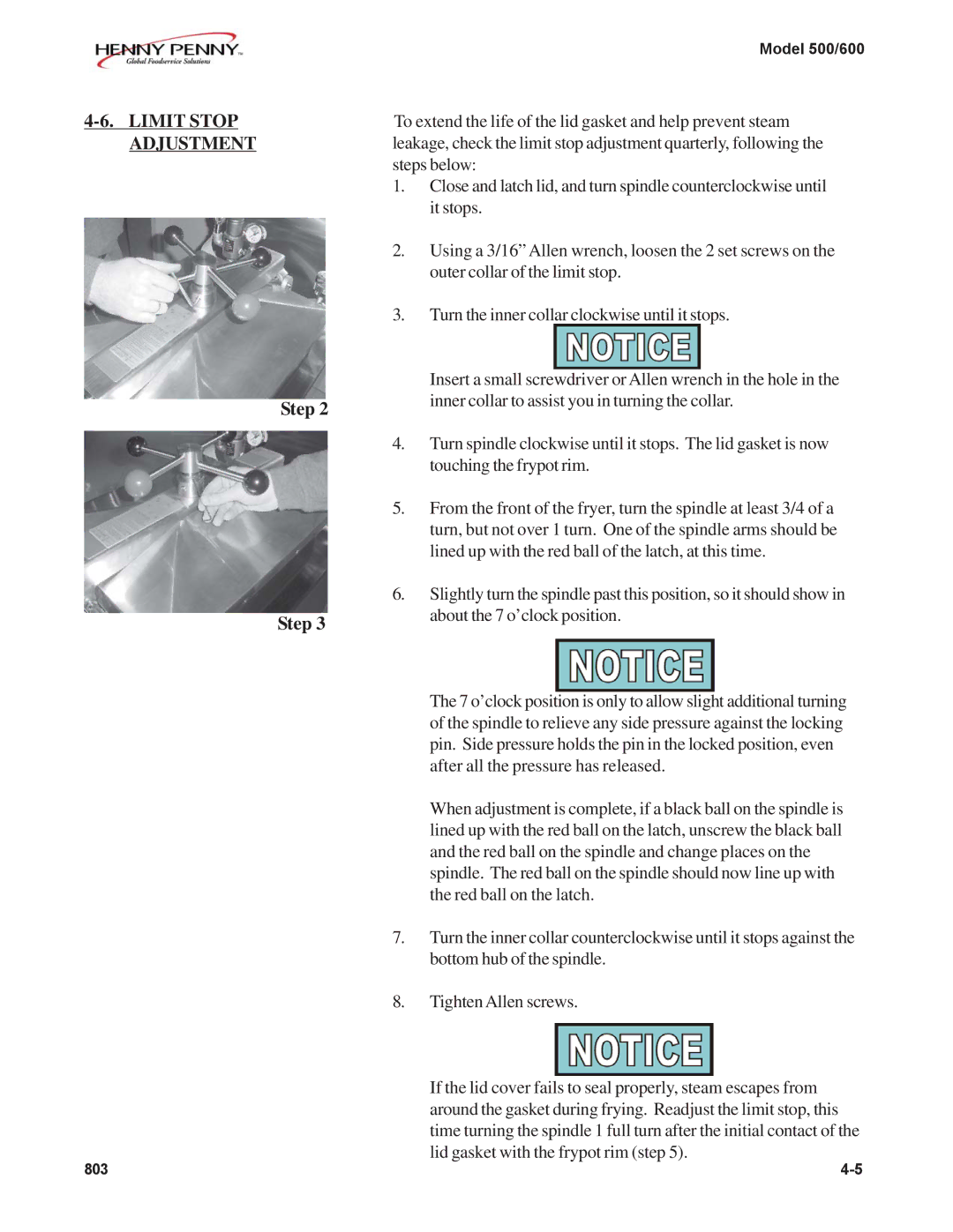 Henny Penny 500, 600 manual Limit Stop Adjustment, Step 