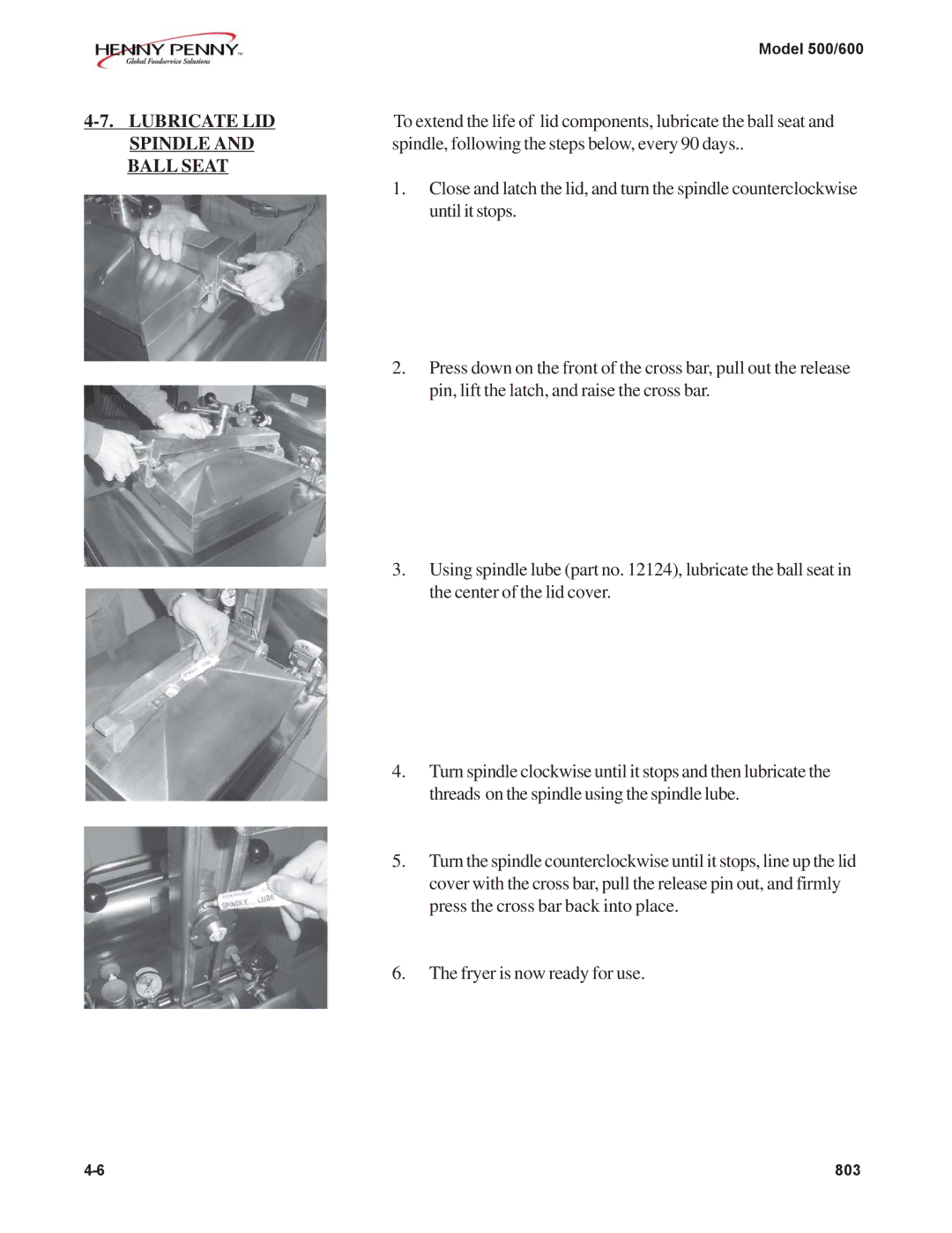 Henny Penny 600, 500 manual Lubricate LID Spindle and Ball Seat 