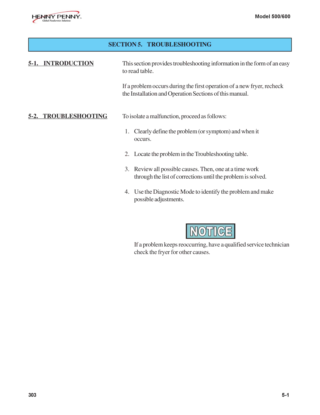 Henny Penny 500, 600 manual Troubleshooting, Introduction 