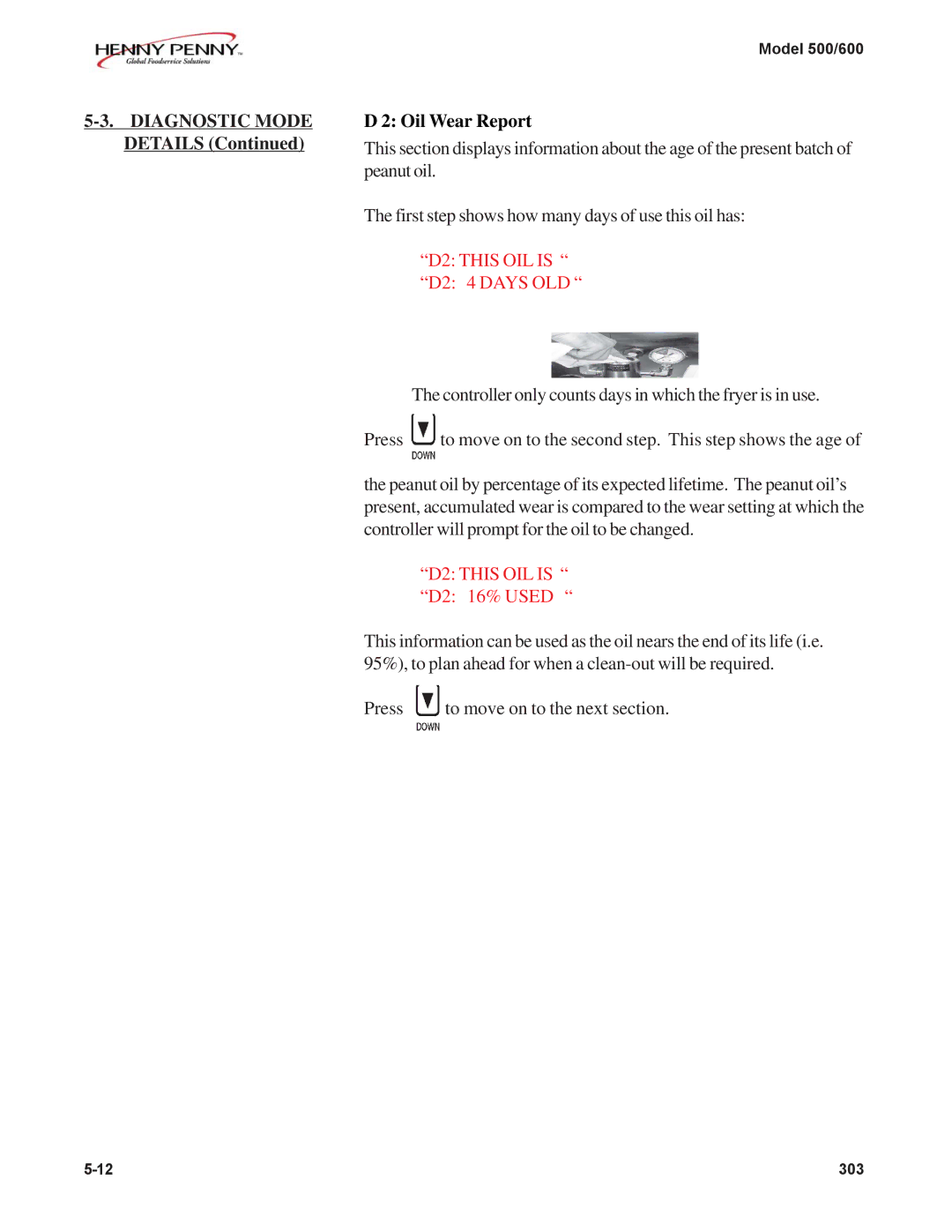 Henny Penny 600, 500 manual Oil Wear Report, D2 this OIL is 