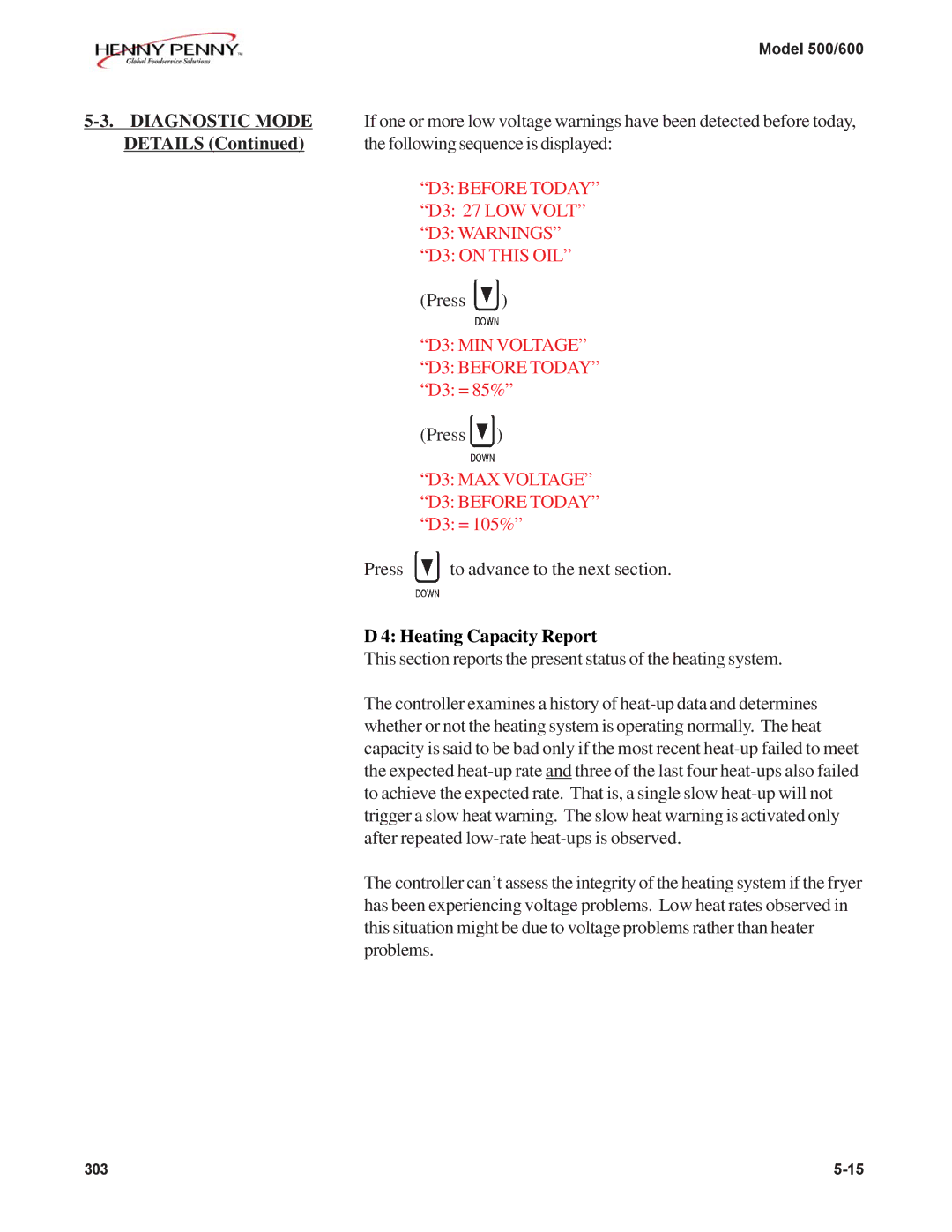 Henny Penny 500, 600 manual Details Following sequence is displayed, D3 Before Today, D3 Warnings D3 on this OIL 