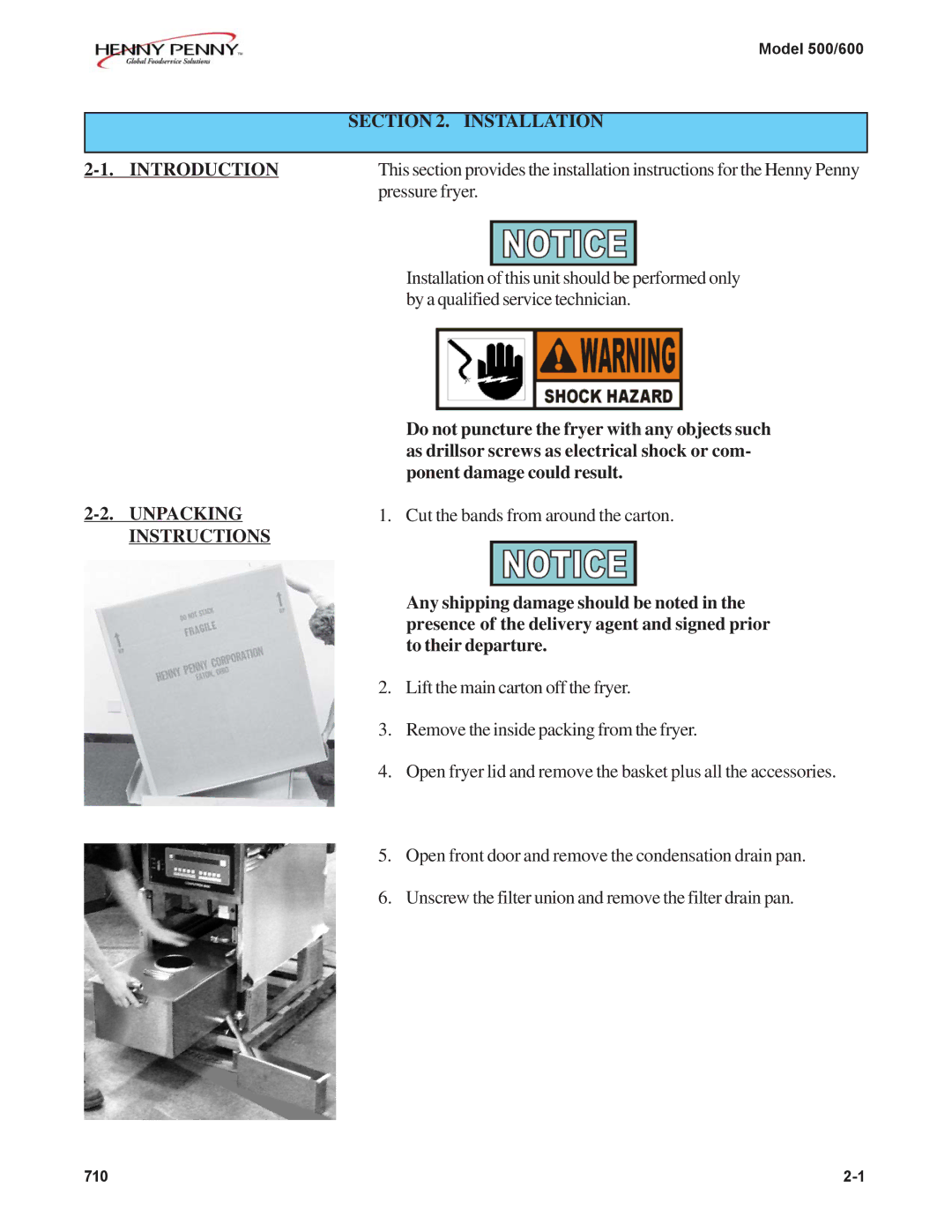 Henny Penny 500, 600 manual Installation, Unpacking, Instructions 