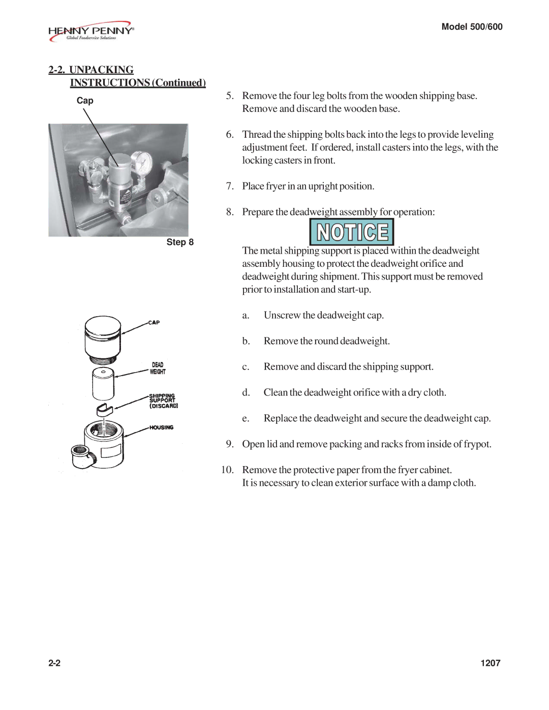 Henny Penny 600, 500 warranty Unpacking Instructions 