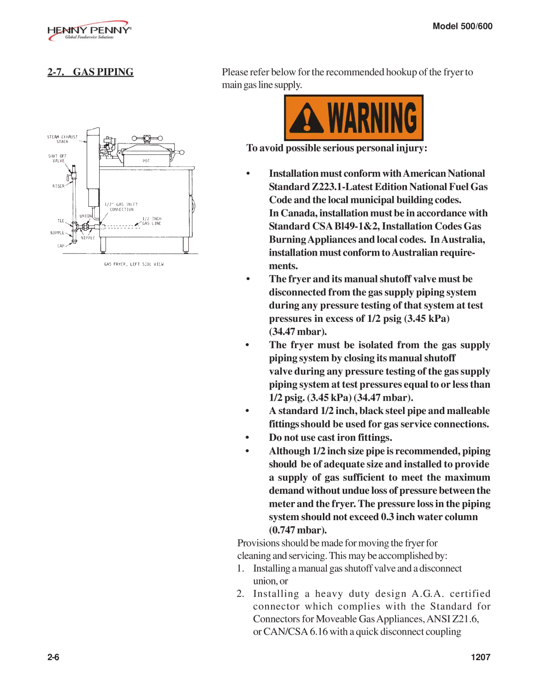 Henny Penny 600, 500 warranty GAS Piping, Main gas line supply 