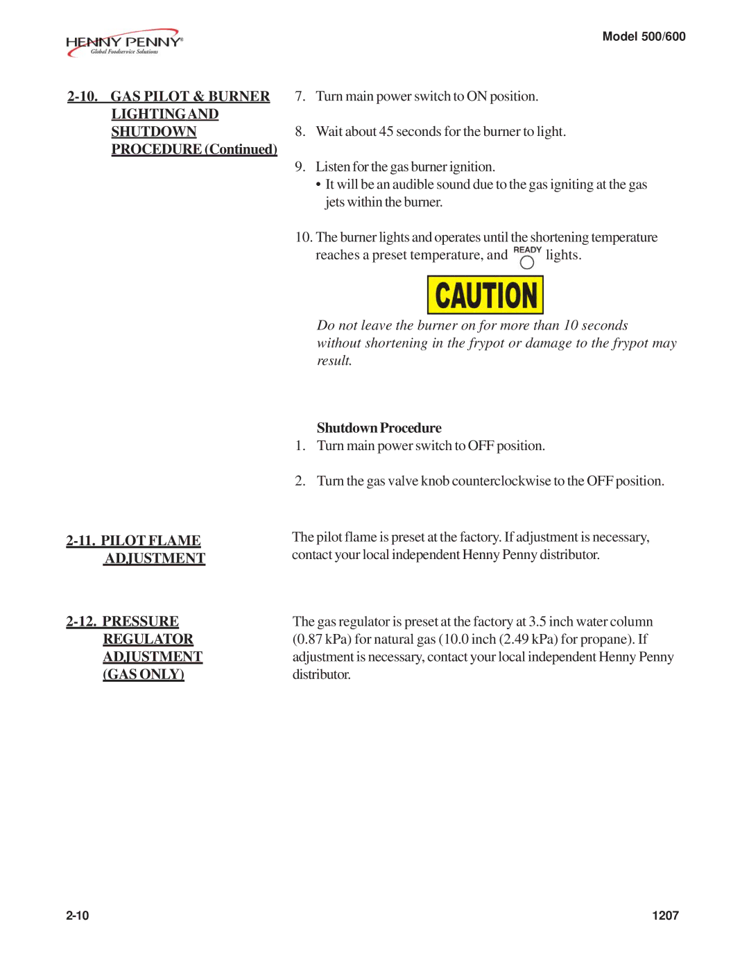 Henny Penny 600, 500 warranty Shutdown Procedure 