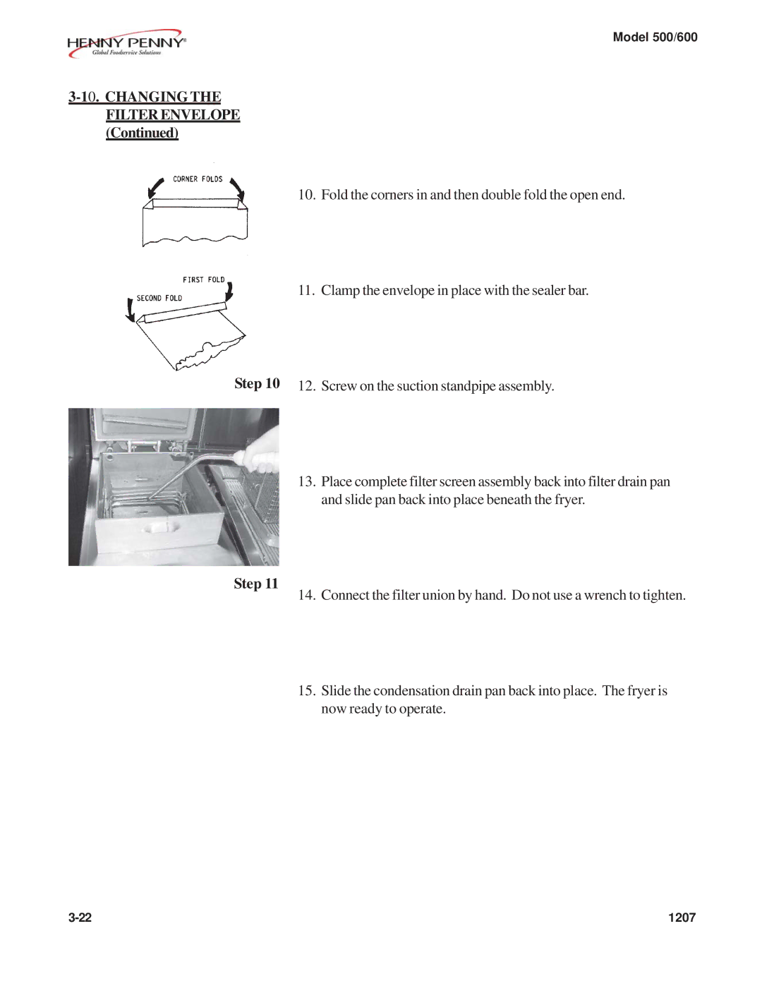 Henny Penny 600, 500 warranty Changing the Filter Envelope 