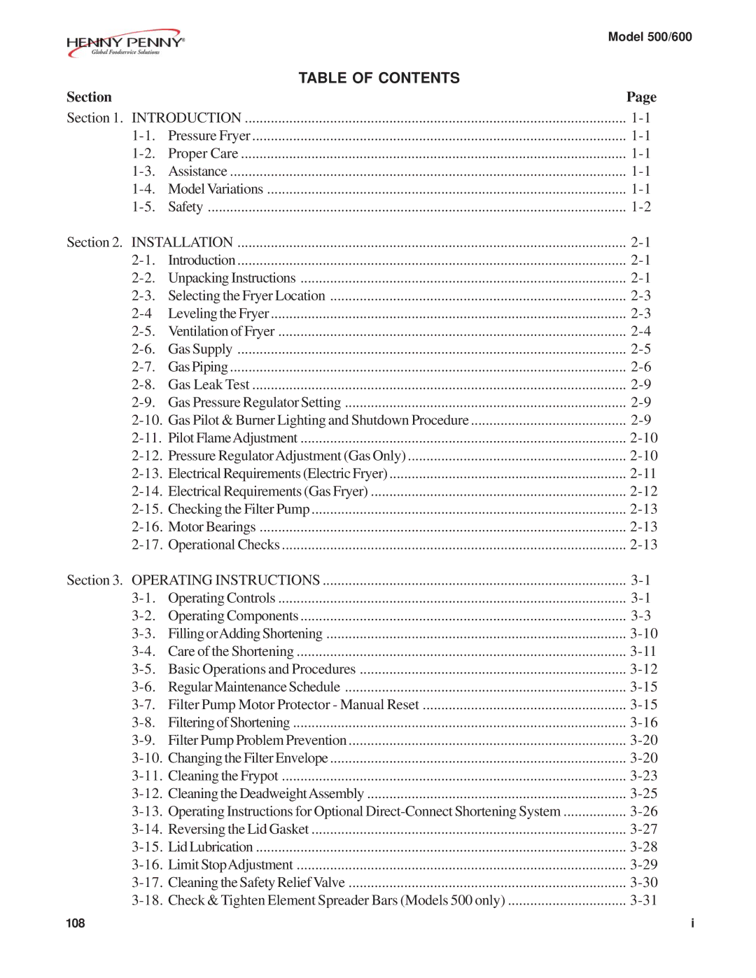 Henny Penny 500, 600 warranty Table of Contents 