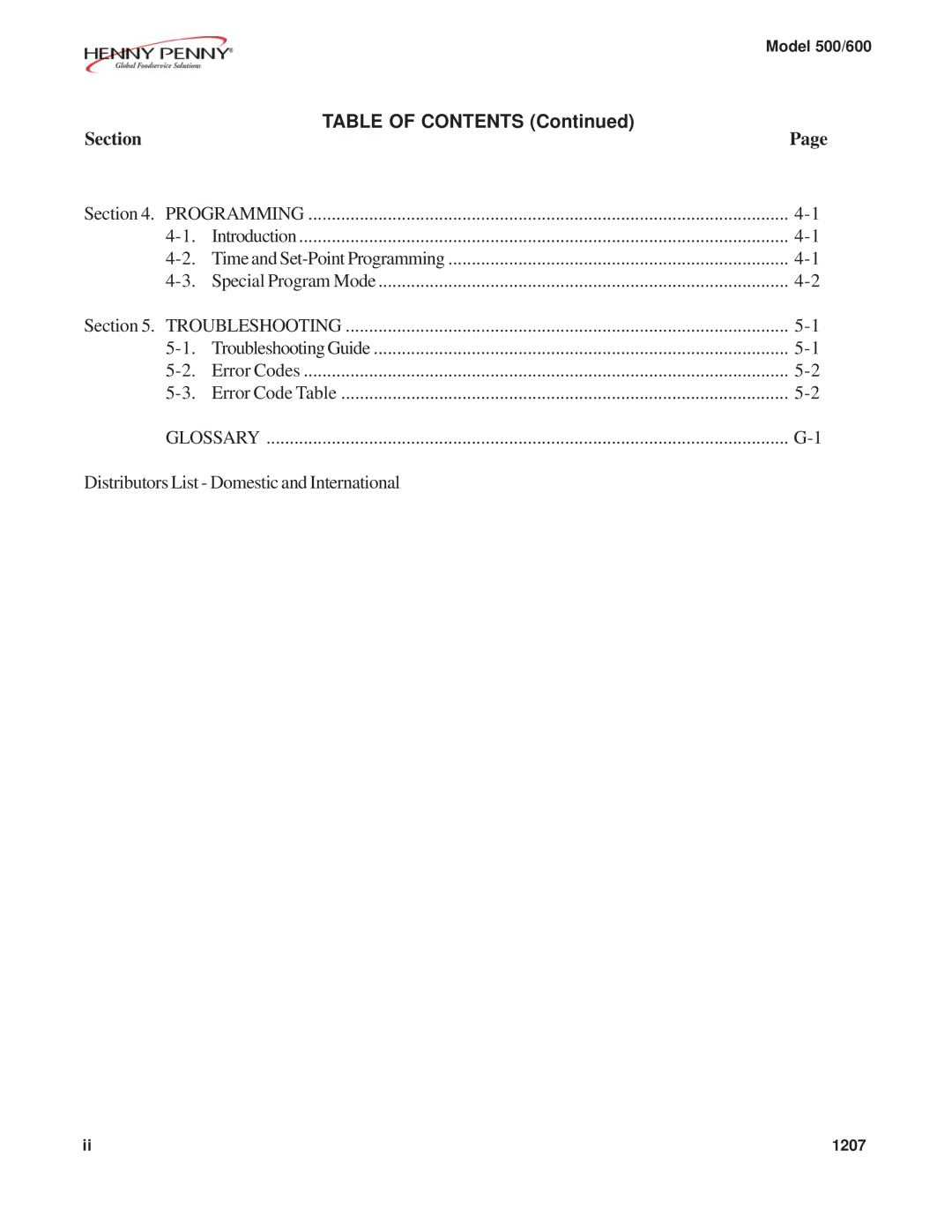 Henny Penny 600, 500 warranty Table of Contents 