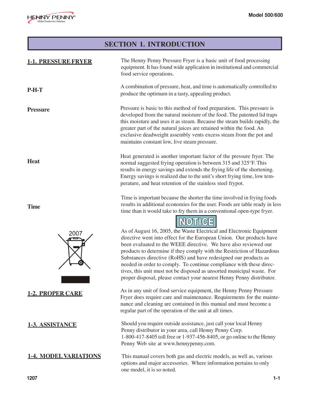 Henny Penny 500, 600 warranty Pressure Fryer, Pressure Heat Time, Proper Care Assistance Model Variations 