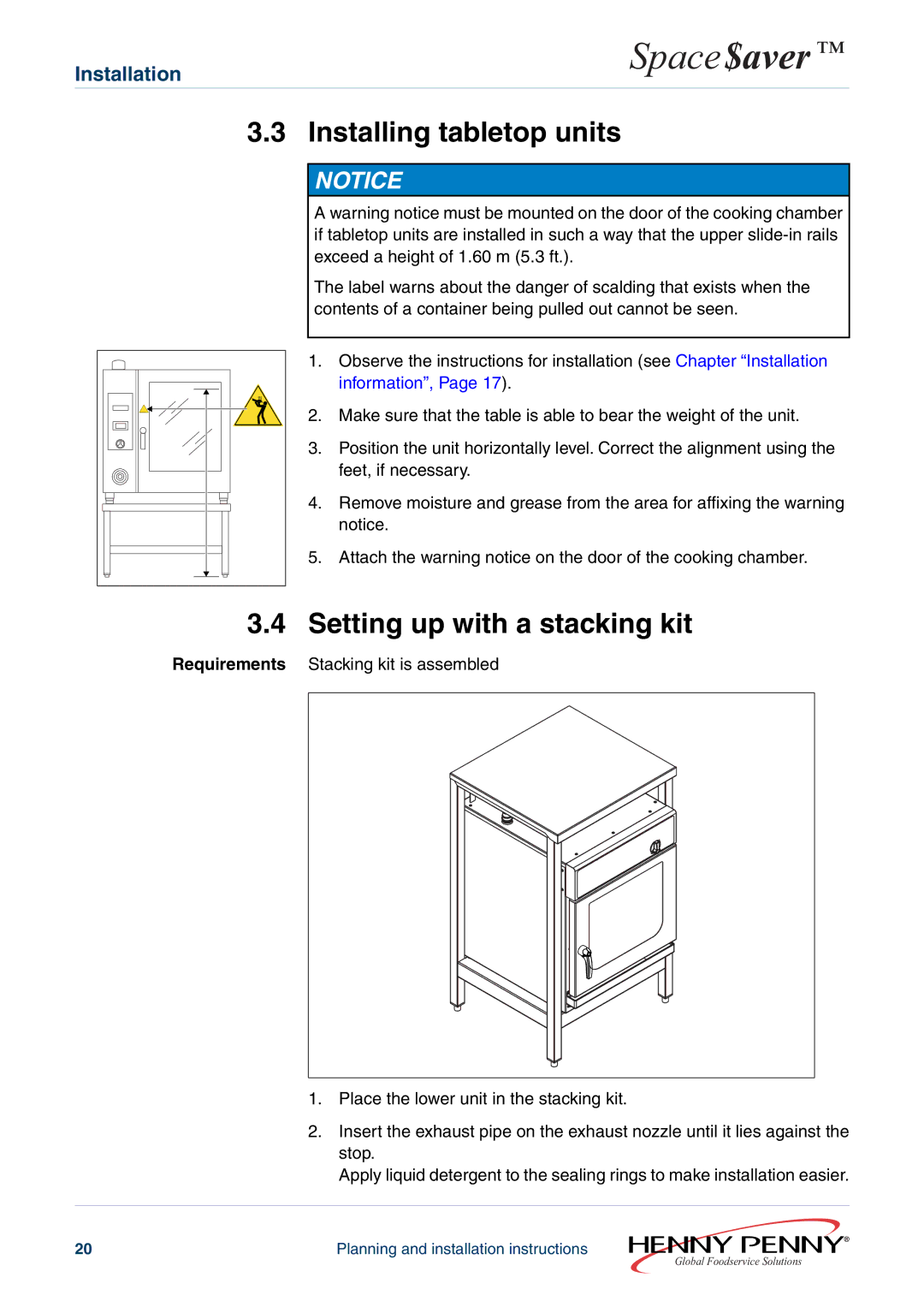 Henny Penny 605ESC63XXXX, 610ESC60XXXX installation instructions Installing tabletop units, Setting up with a stacking kit 