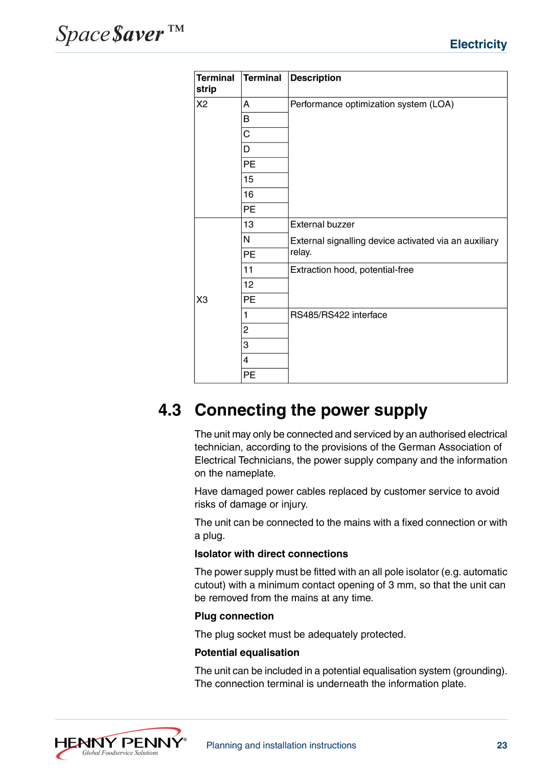 Henny Penny 610ESC60XXXX, 605ESC63XXXX Connecting the power supply, Isolator with direct connections, Plug connection 