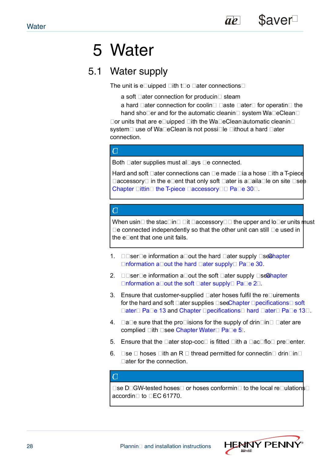 Henny Penny 605ESC63XXXX, 610ESC60XXXX installation instructions Water supply 