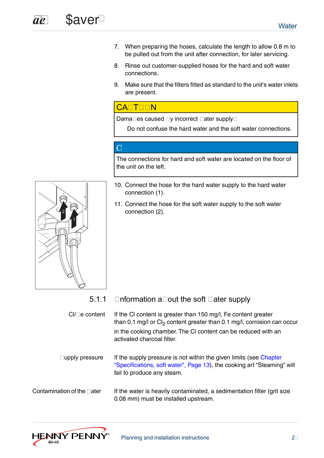 Henny Penny 610ESC60XXXX Information about the soft water supply, Damages caused by incorrect water supply, Cl/Fe content 