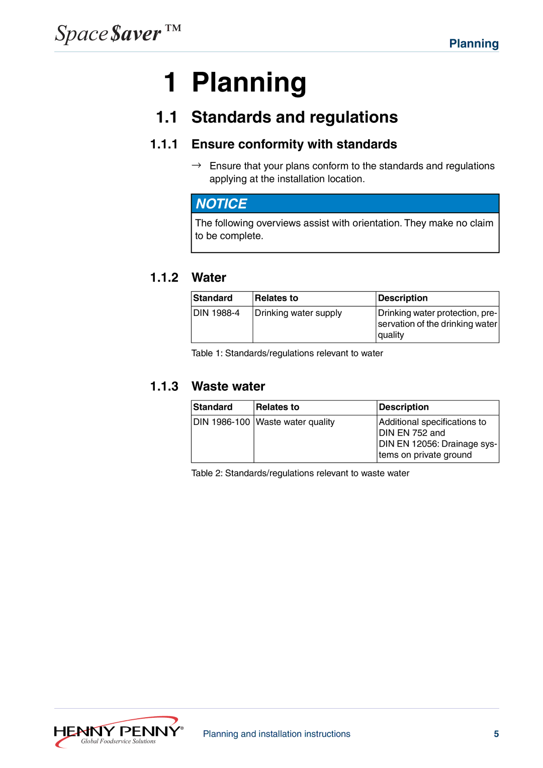 Henny Penny 610ESC60XXXX, 605ESC63XXXX Planning, Standards and regulations, Ensure conformity with standards, Waste water 